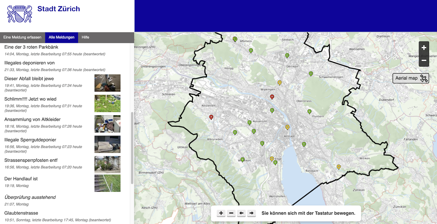 A screenshot of the Züri wie neu web interface showing a map of Zurich with various pin markers indicating reported issues, alongside a sidebar listing recent reports with photos.