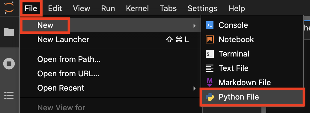 Creating a new Python file in JupyterLab.