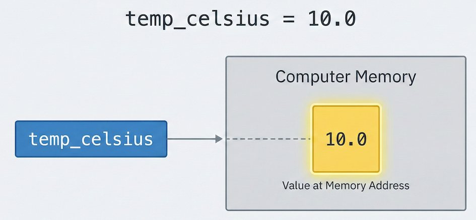 A variable name is a label that points to a value stored in memory.
