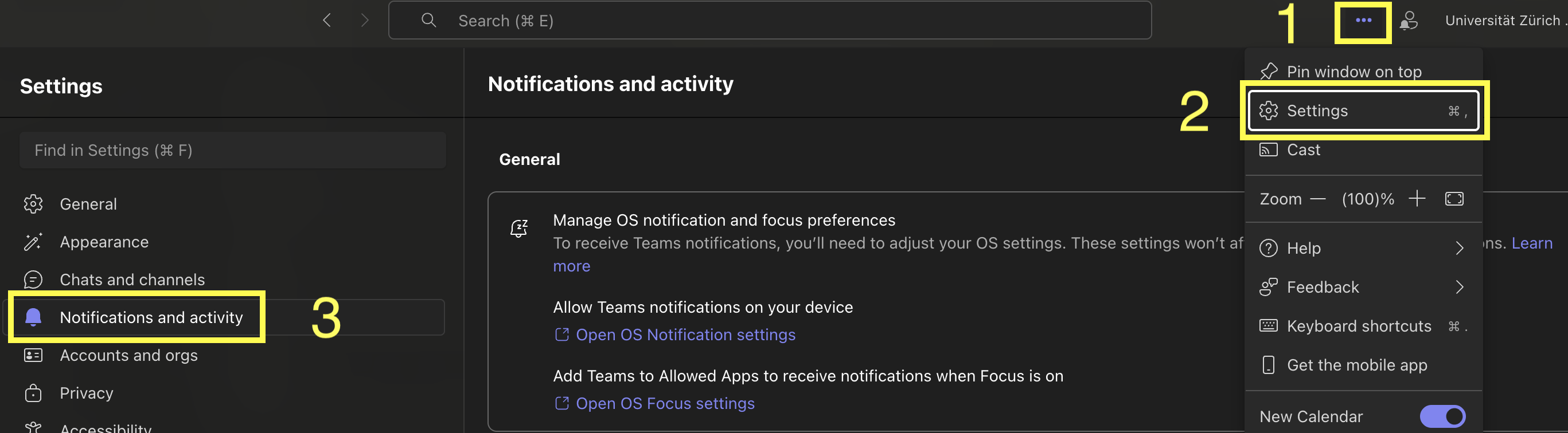 Teams notifications settings.