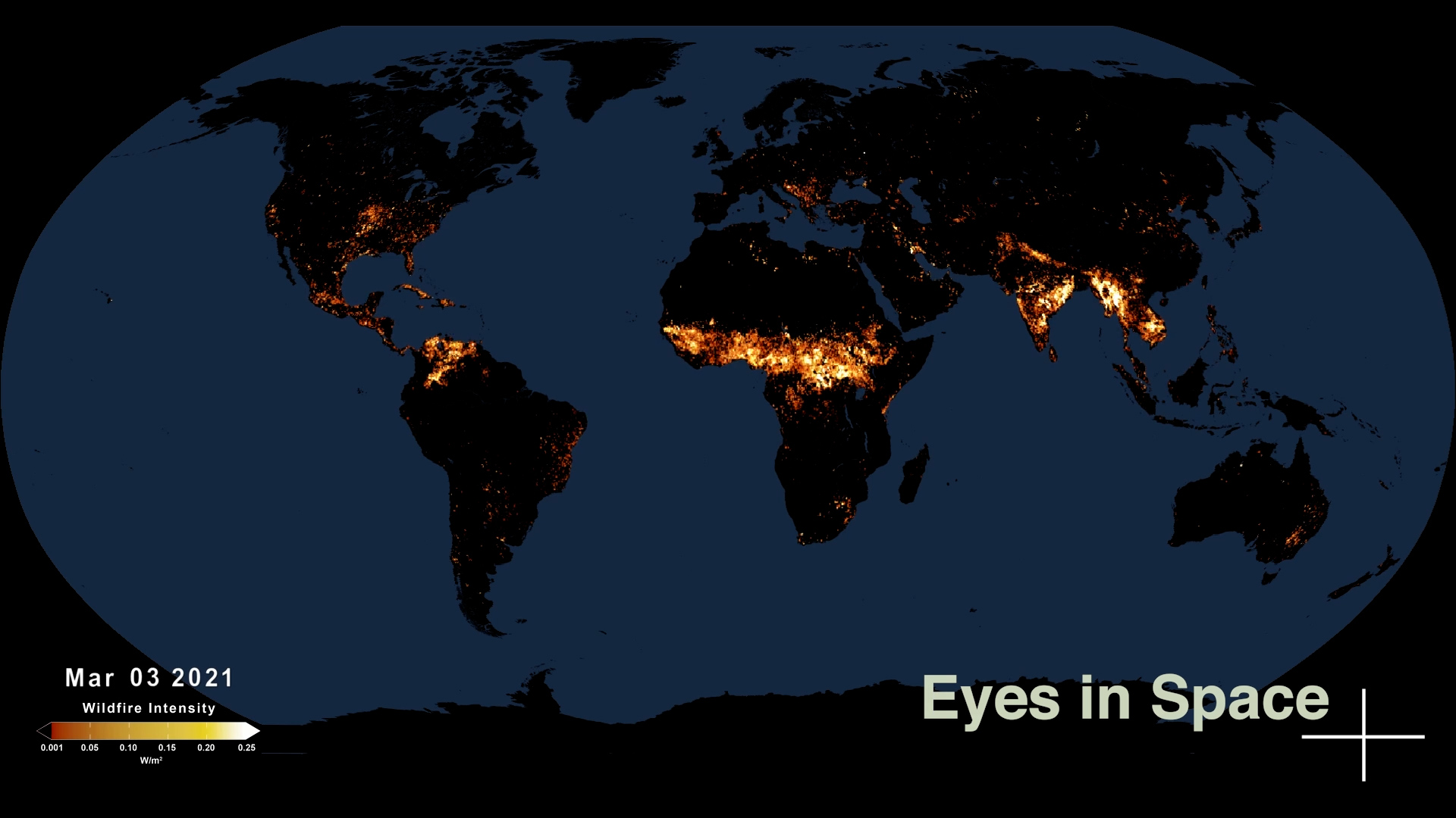 A global map highlighting active wildfire locations in bright yellow and orange against a dark blue background.