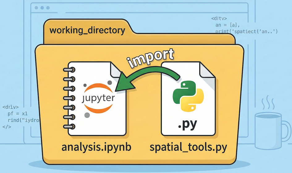 A diagram showing a notebook and a python script sitting in the same folder, with an import arrow connecting them.