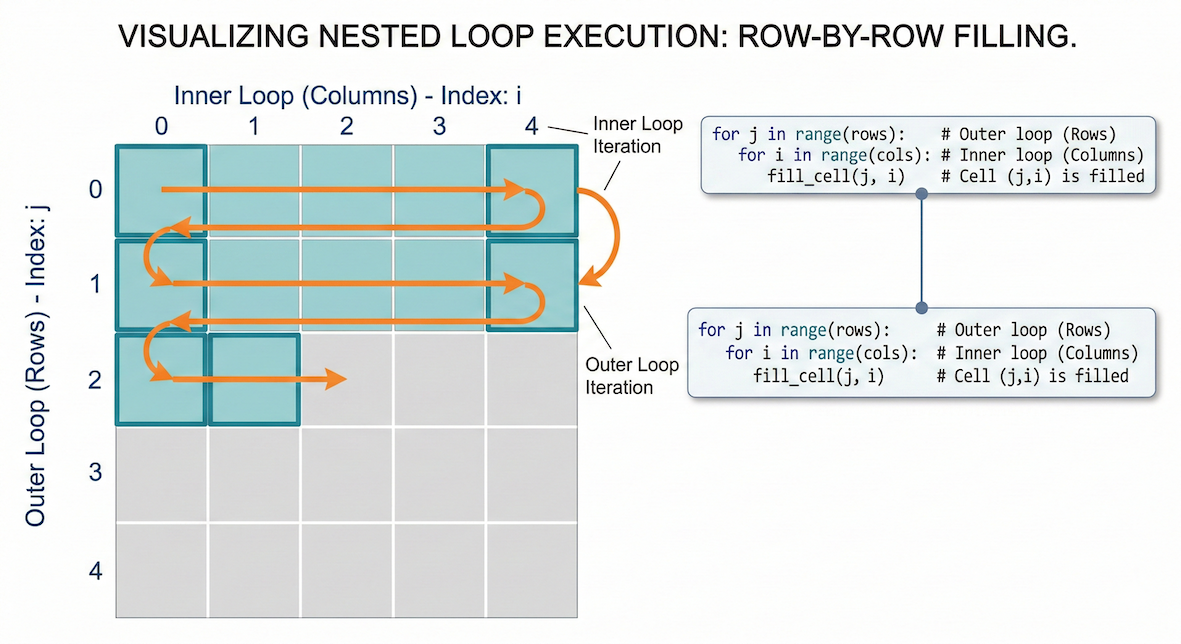 A 2D grid showing execution flow moving row by row, illustrating how an outer loop and inner loop interact.