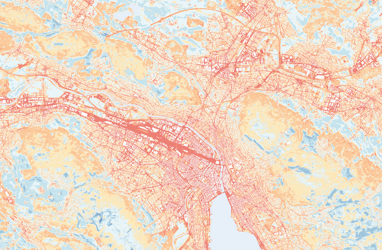 A heat map of Zurich showing building footprints and urban areas in varying shades of yellow and orange, indicating temperature differences.