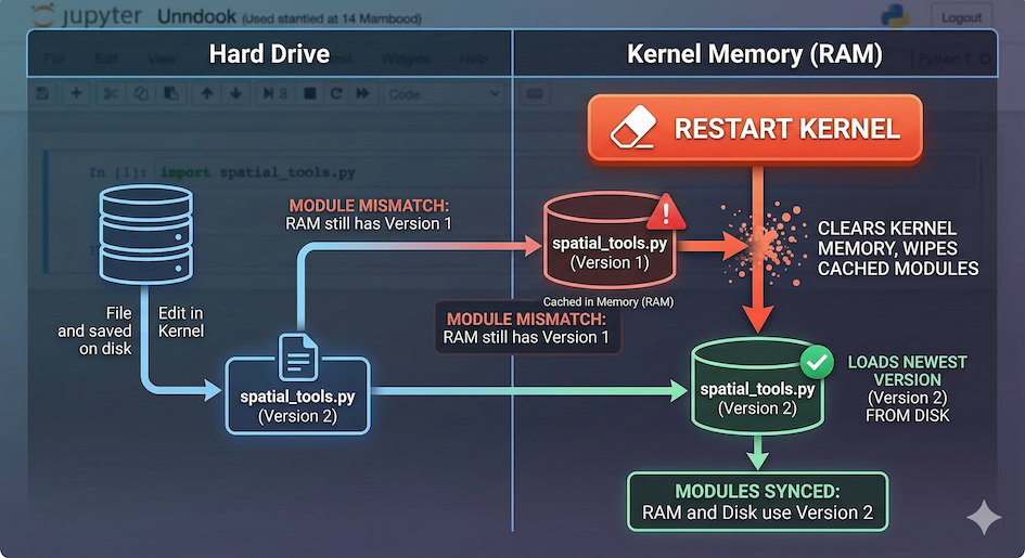 A diagram showing the disconnect between a saved file on a hard drive and the cached version in the Jupyter Kernel memory.