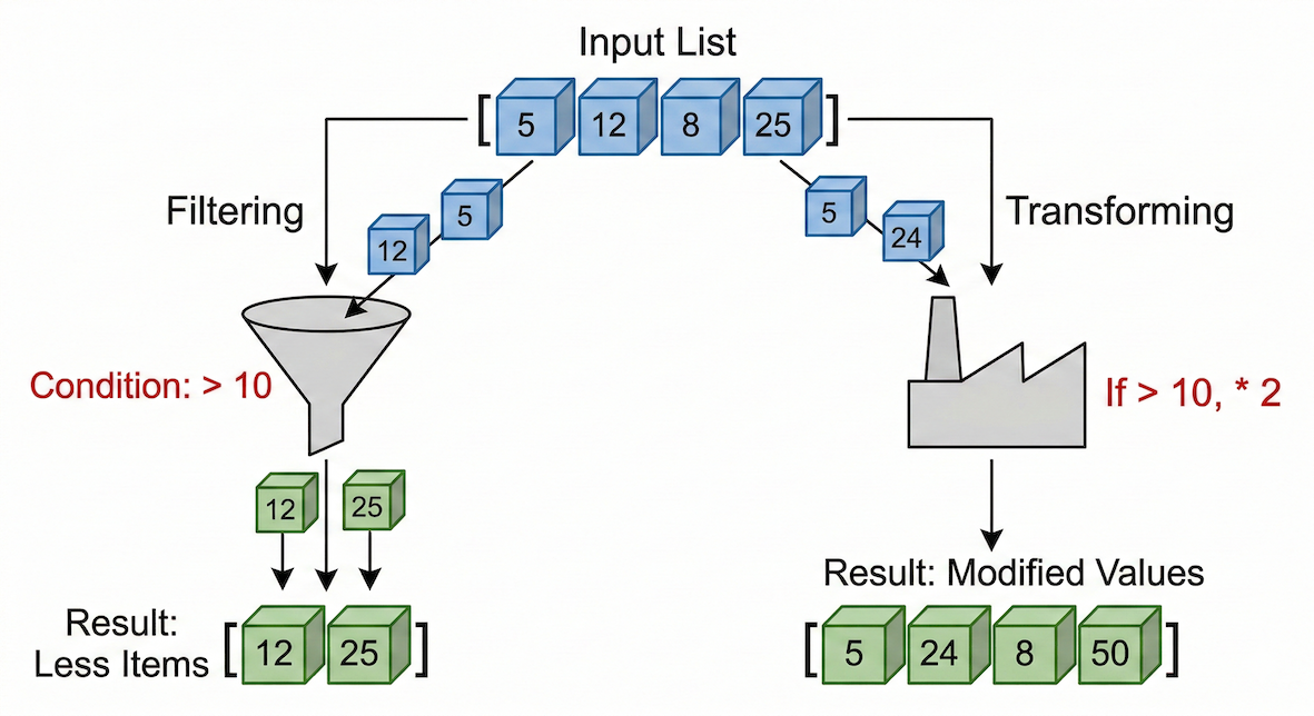 Conceptual diagram showing an input list being processed on the left via 'filtering' (reducing list size) and on the right via 'transforming' (maintaining list size but changing values).