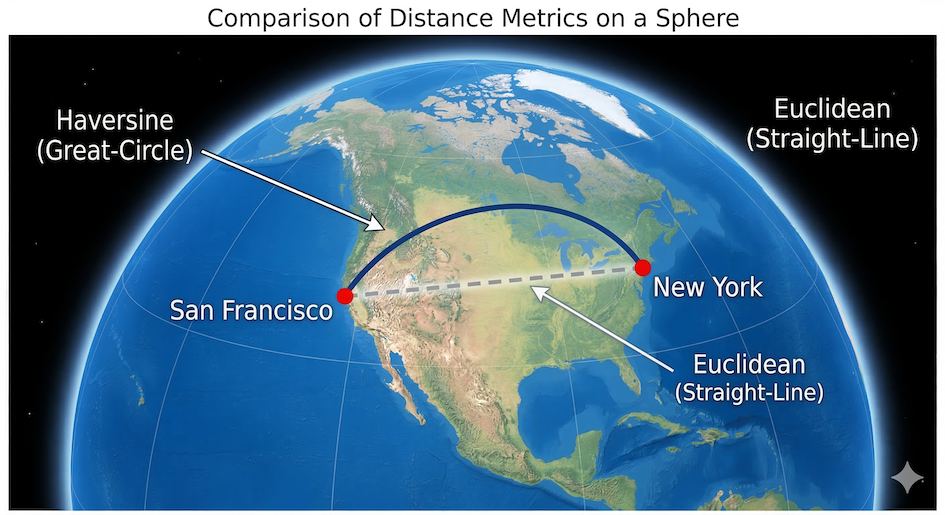 Diagram comparing great-circle distance on a sphere's surface to a straight line cutting through it.