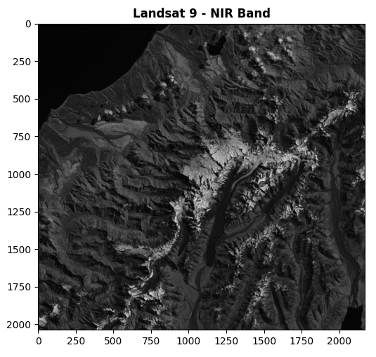 A grayscale satellite image of a landscape representing Near Infrared reflectance. The bright areas indicate snow and ice, while dark areas indicate water areas.