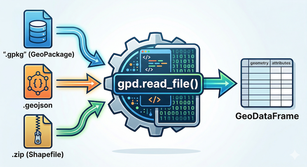 A side-by-side comparison. Left: A standard muted spreadsheet labeled Pandas DataFrame with weather data. Right: A map of Switzerland with a red pin near Zurich and a corresponding table labeled GeoPandas GeoDataFrame with a highlighted geometry column containing 'POINT (8.53 47.48)', illustrating the transition to spatially-aware data.