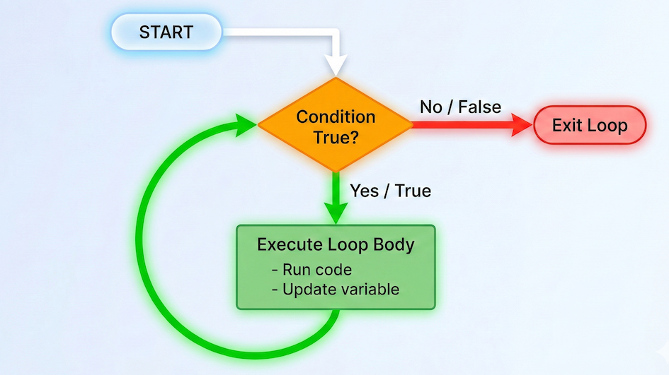 Diagram contrasting a healthy loop that updates its control variable to reach a stop condition versus an infinite loop that never updates its variable and runs forever.