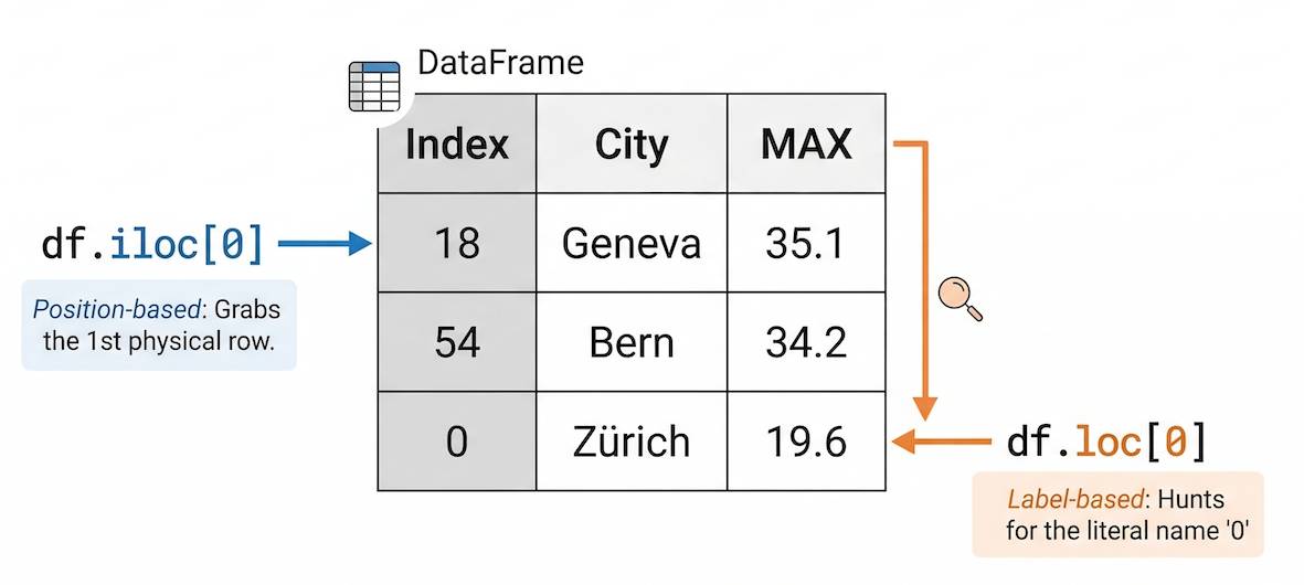 A conceptual diagram showing a Pandas DataFrame with a sorted, non-sequential index. An arrow for .loc[0] points to the specific row labeled '0', while an arrow for .iloc[0] points to the physical top row of the table.