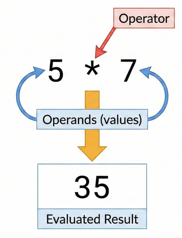 The anatomy of a Python expression: operators combine operands to evaluate to a single new value.