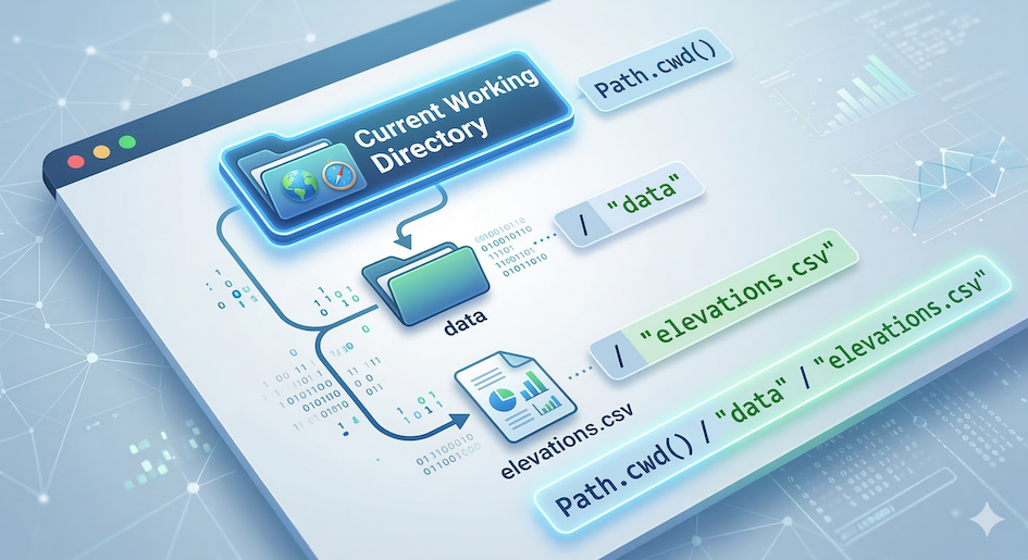 A directory tree diagram showing how pathlib joins folder names to reach a target file.