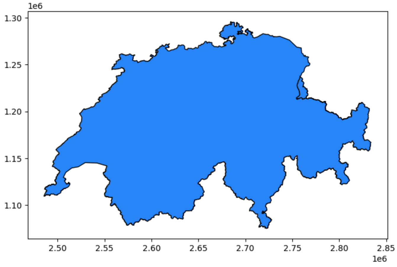 A blue map showing the outline of Switzerland on a simple Cartesian coordinate system with visible axis tick marks showing coordinates.