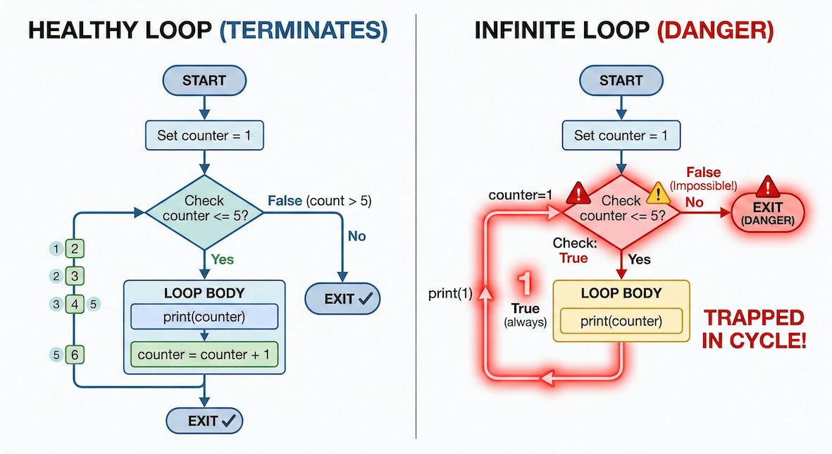 Diagram contrasting a healthy loop that updates its control variable to reach a stop condition versus an infinite loop that never updates its variable and runs forever.