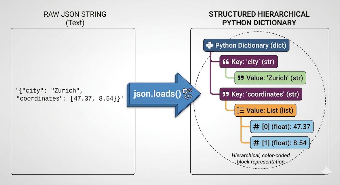 A diagram showing a raw text string transforming into a structured Python dictionary.