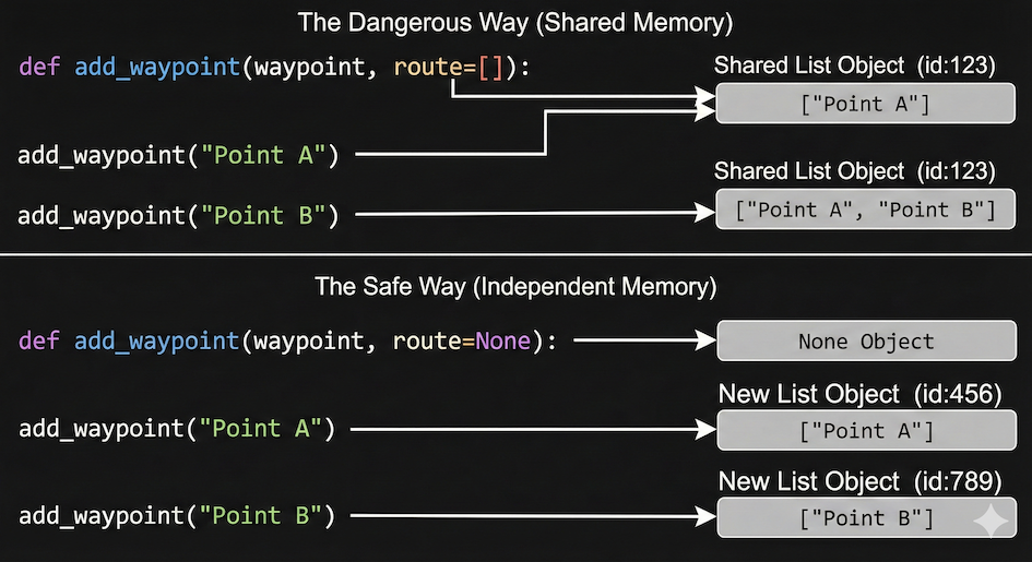 Diagram comparing shared memory vs. independent memory allocation for default arguments.