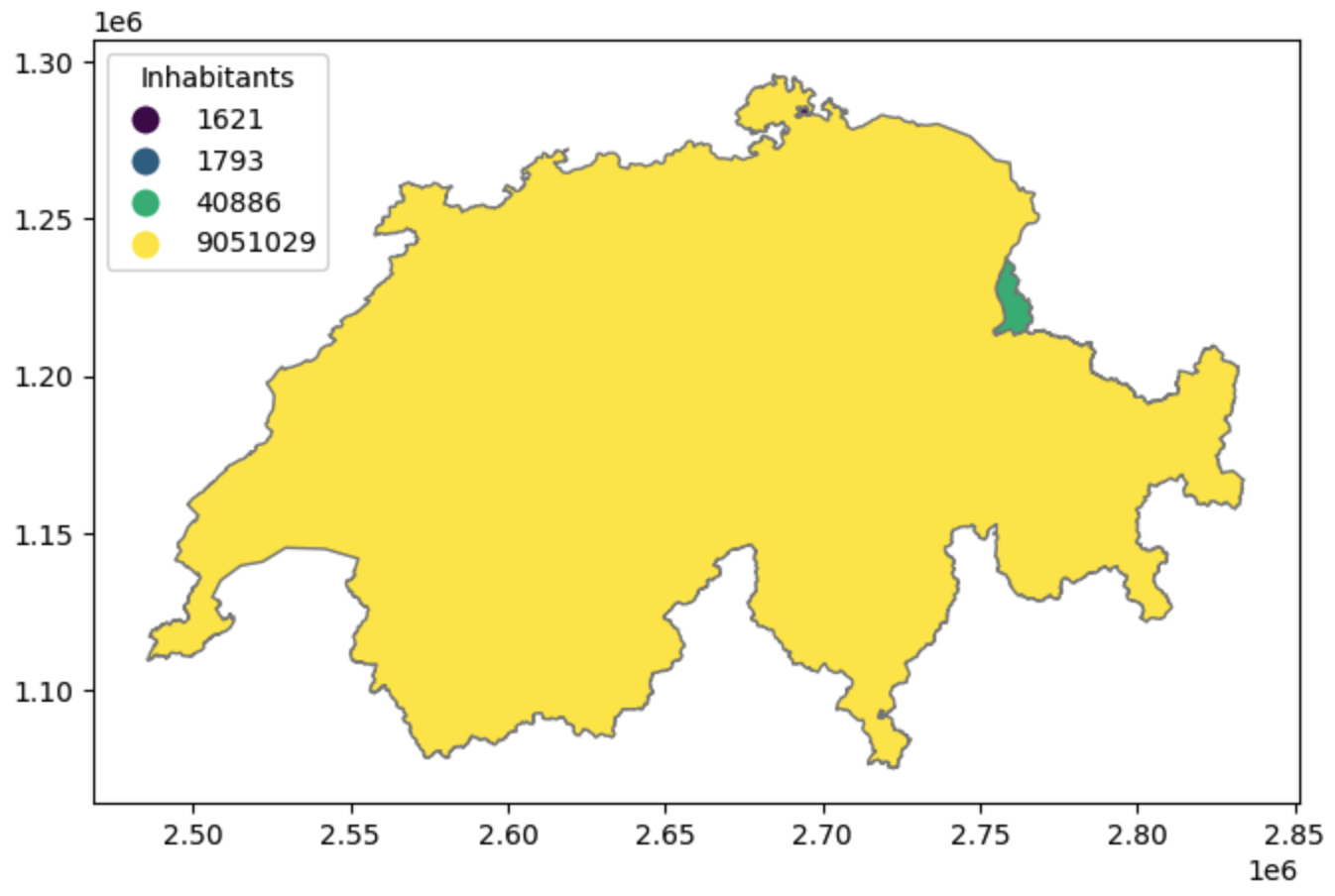 A large scale map of Switzerland. The main landmass is a bright green/yellow, representing the highest population value in the legend. Three tiny areas on the periphery (Liechtenstein and enclaves) are colored differently based on their specific low population numbers. A legend at the top left shows these unique numeric counts.