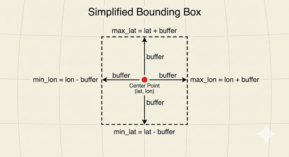 Diagram illustrating how to calculate a simple bounding box from a center point and a buffer.