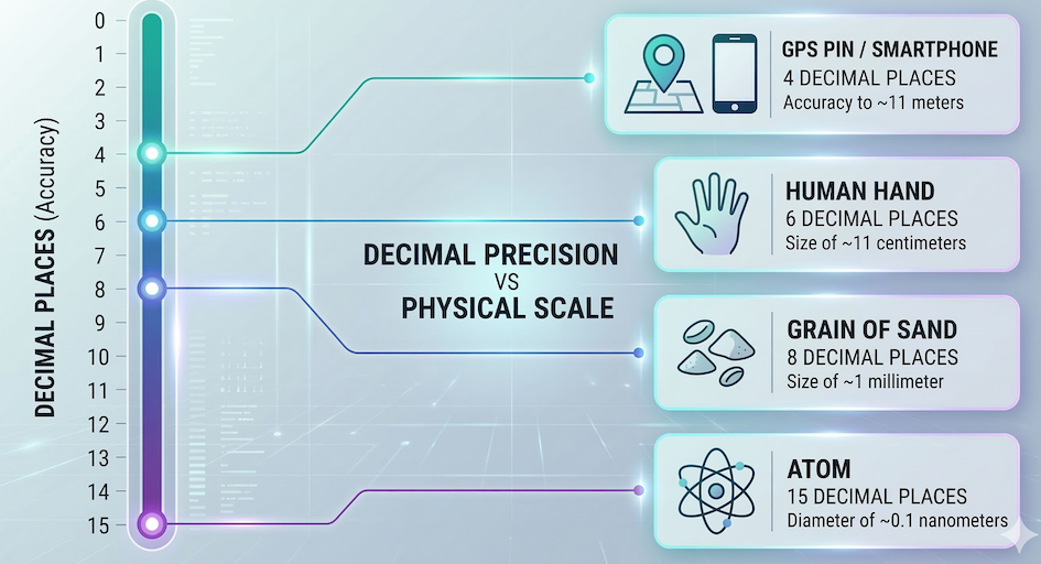 An infographic scale showing how geographic coordinate precision relates to physical sizes like meters, millimeters, and nanometers.