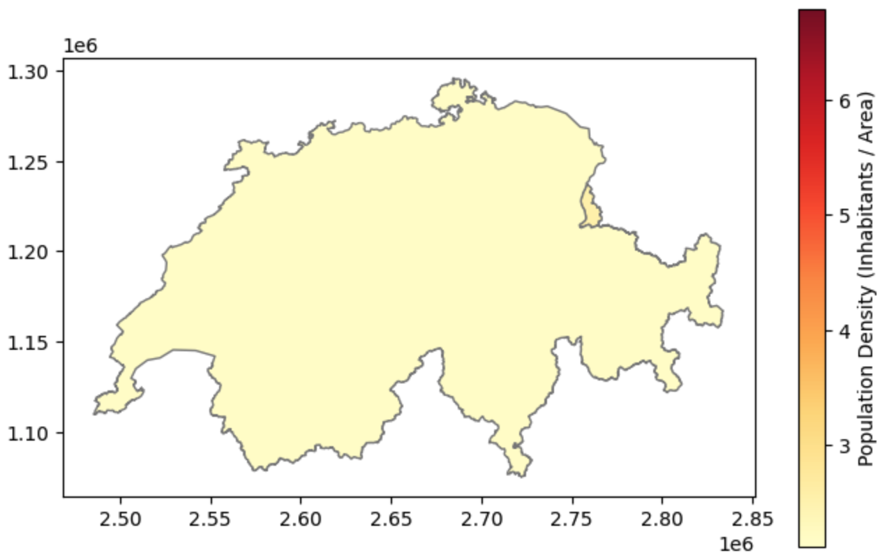 A density map of Switzerland and its enclaves using the YlOrRd colormap. The enclaves and Liechtenstein might show up in brighter/lighter hues if their density is higher than the vast, mountainous main landmass of Switzerland.