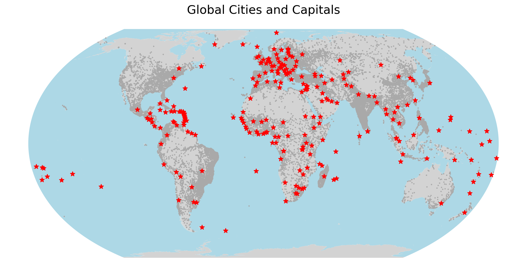 A global map displaying light blue oceans, grey land masses, tiny dark grey dots for standard cities, and large red stars highlighting capital cities.
