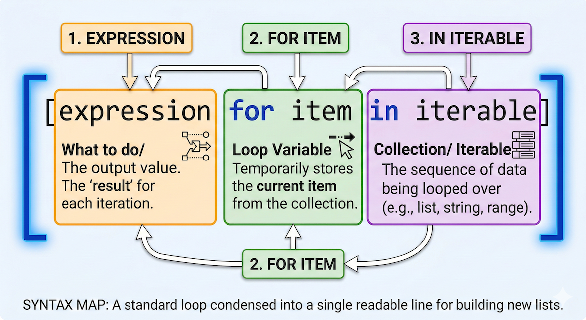 Syntax breakdown of a basic list comprehension showing the expression, loop variable, and collection.