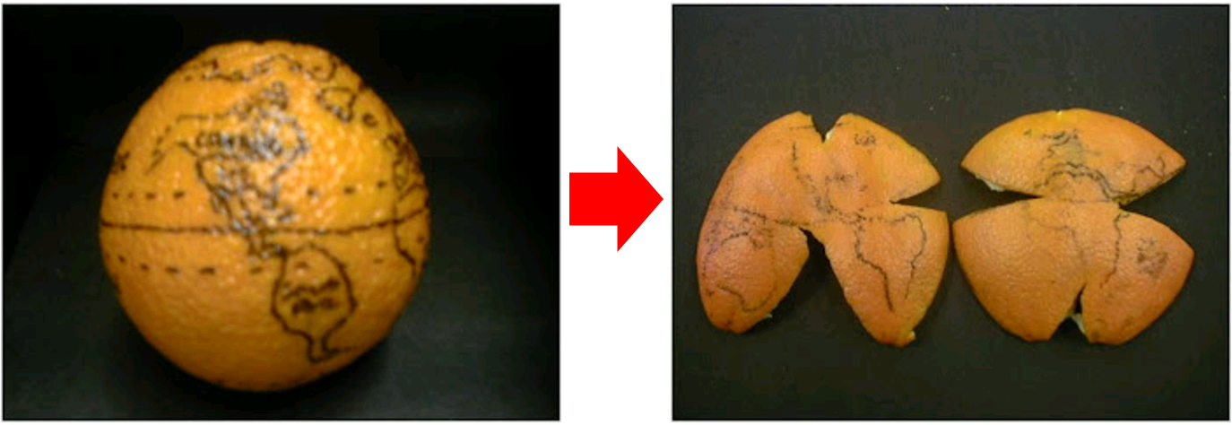 A side-by-side photo. On the left is a whole orange with continents drawn on it in black marker. On the right, the peel has been removed and flattened, causing it to tear and split into distinct lobes in order to lie flat.