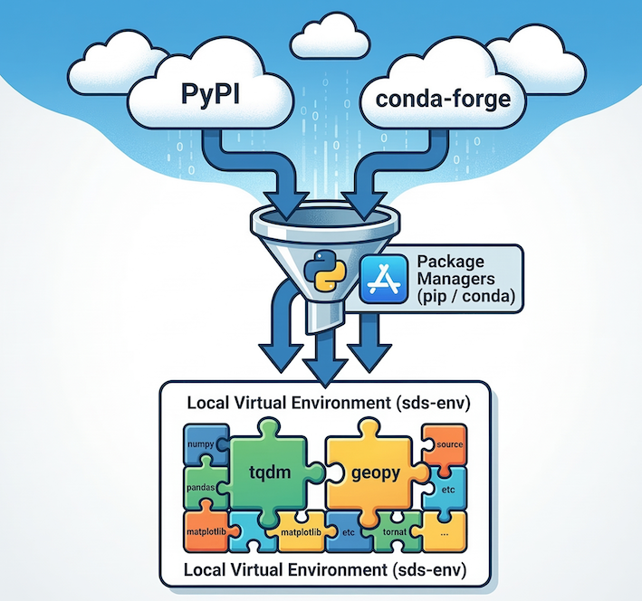 Flowchart showing package managers pulling packages from the cloud into a local environment.