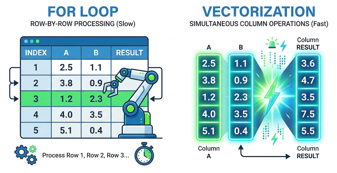 Diagram comparing a slow row-by-row for-loop execution to a lightning-fast simultaneous vectorized column operation.