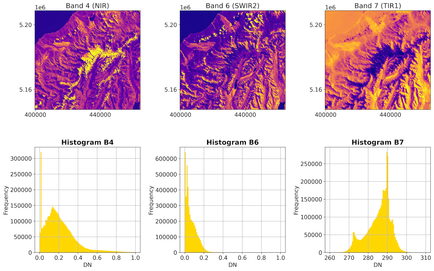 A 2x3 grid. The top row shows the NIR, SWIR2, and TIR1 bands rendered spatially with the plasma colormap. The bottom row displays the corresponding histograms for each of these bands.