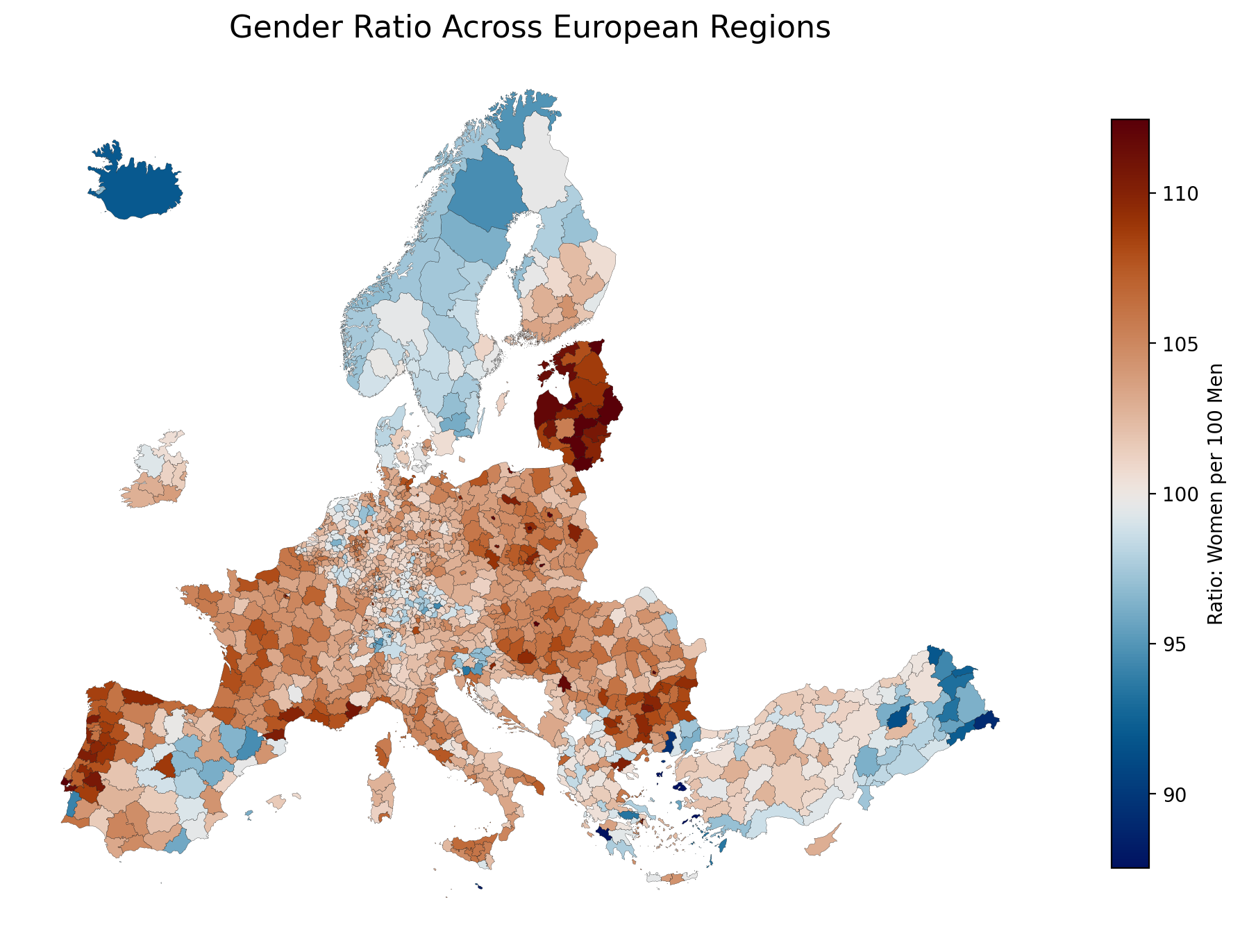 A diverging choropleth map showing regions leaning towards a higher female ratio in one color and a higher male ratio in an opposing color.