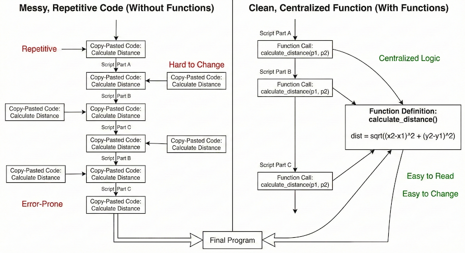 Visual *why* functions are structurally superior to copy-pasting code.