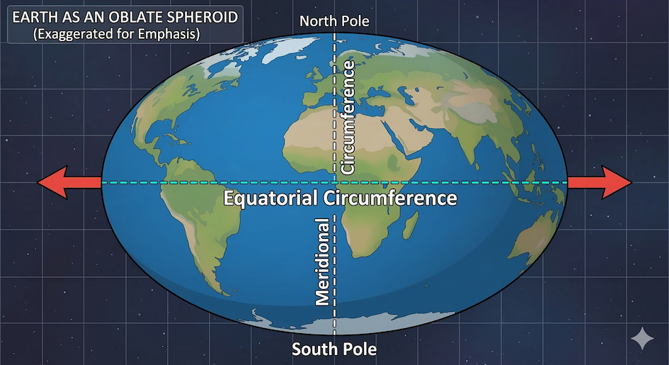 Diagram of the Earth showing an exaggerated equatorial bulge to illustrate an oblate spheroid.