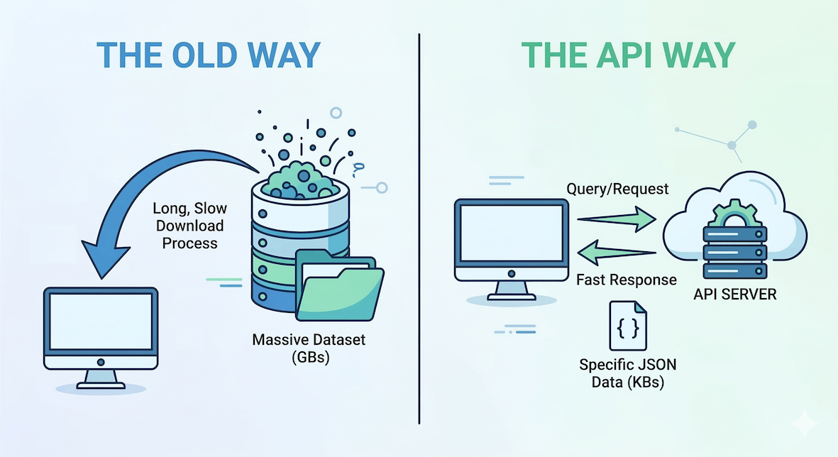 Diagram comparing local data access with API data access.