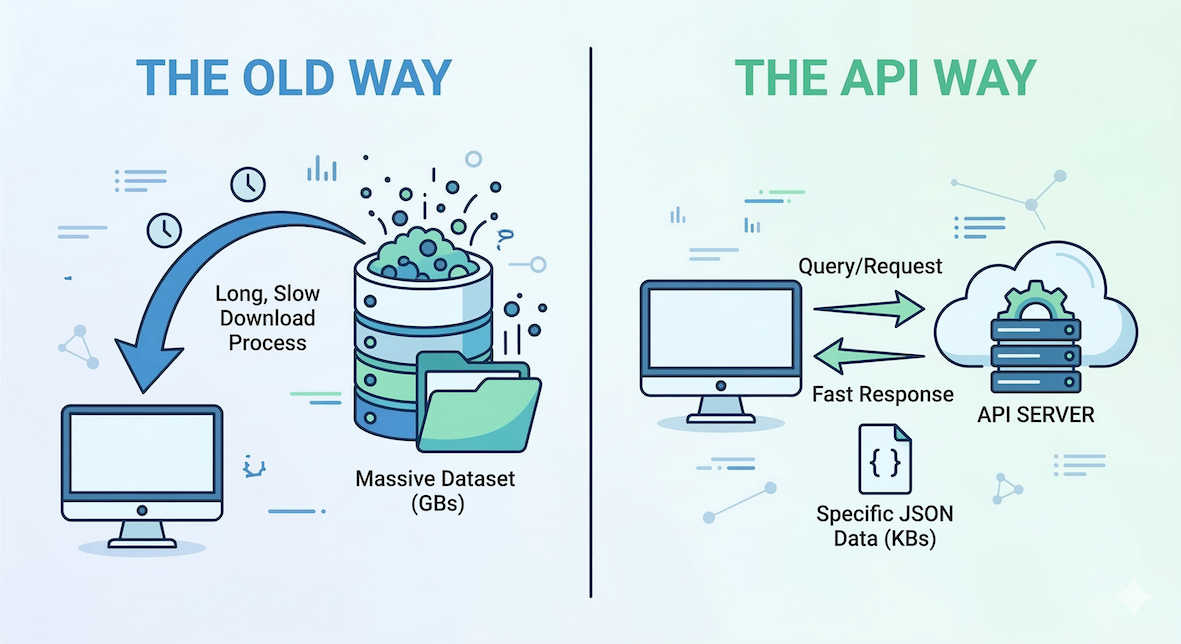 Diagram comparing local data access with API data access.