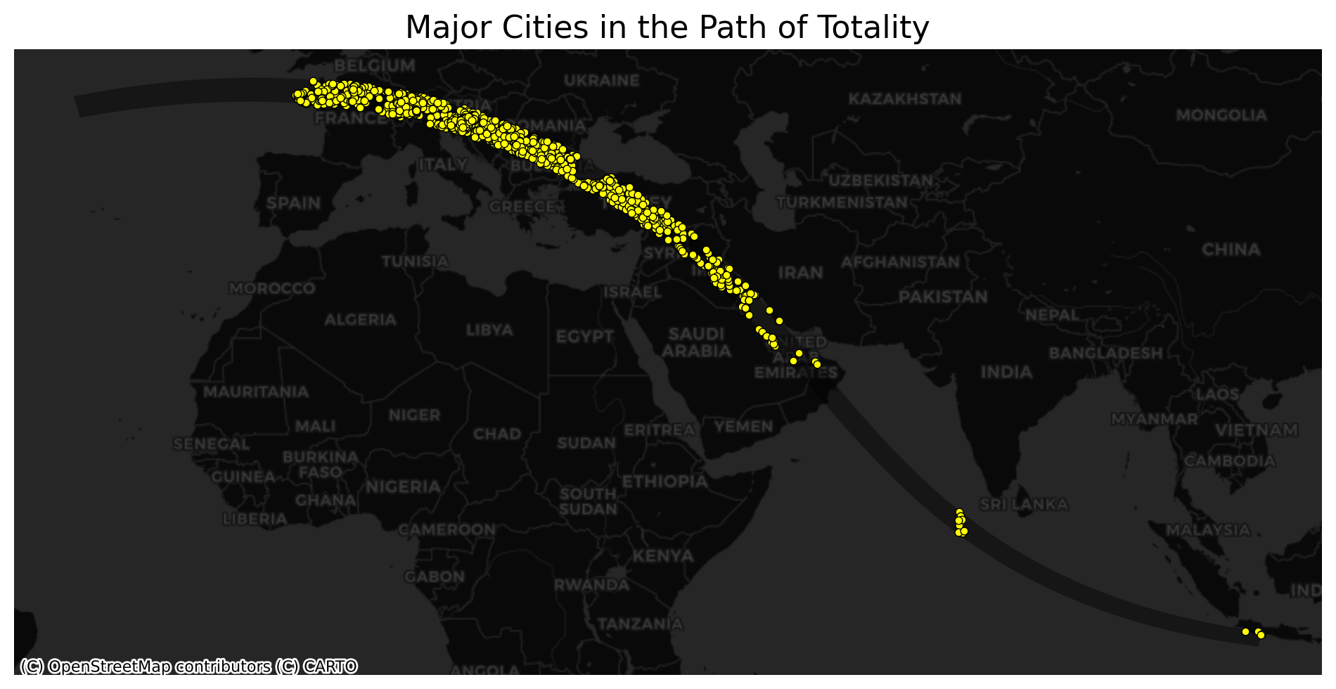 A dark-themed map displaying the eclipse shadow. Cities that fall inside the shadow are highlighted as bright yellow points.