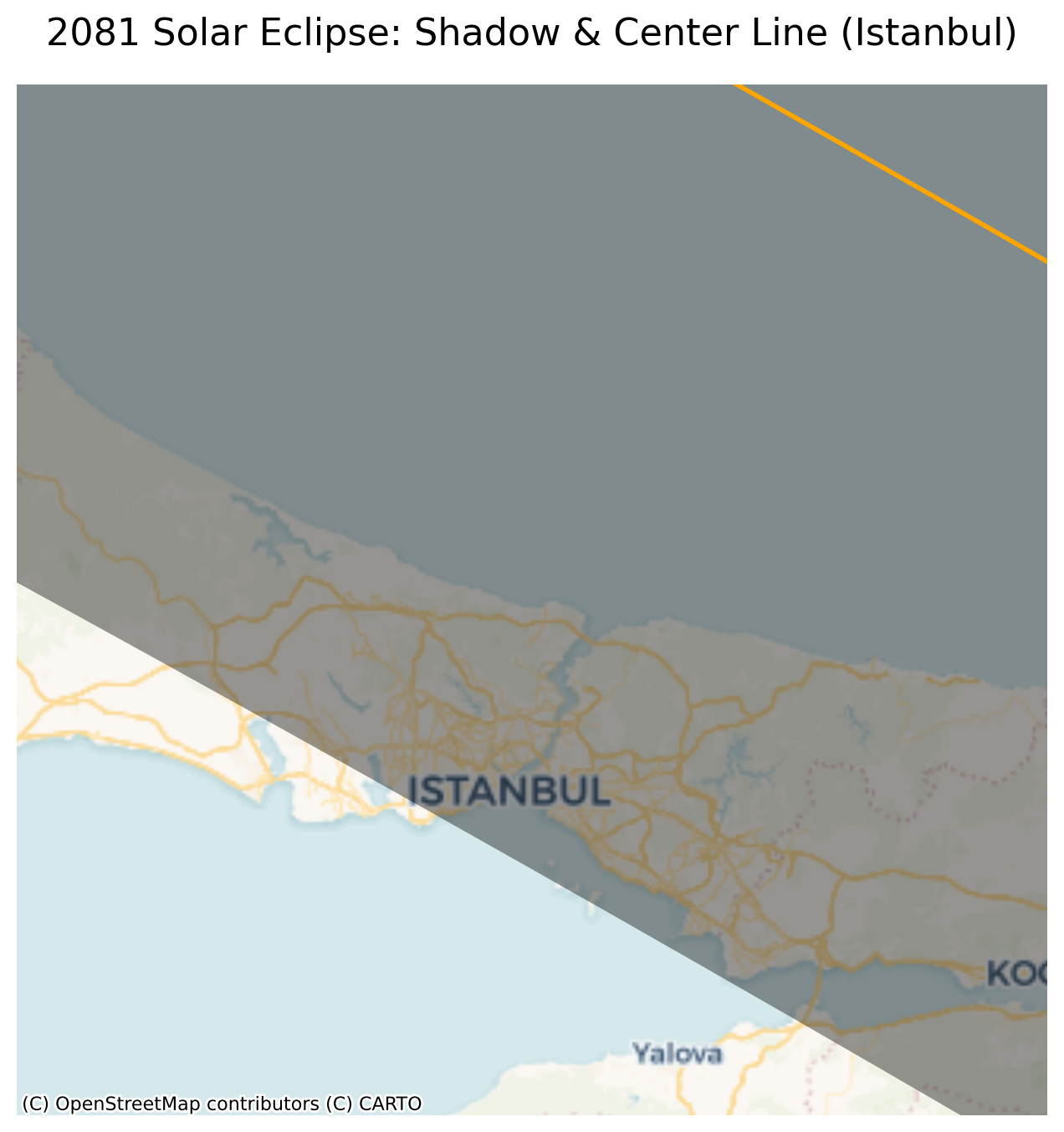 A map showing the dark transparent path and orange center line of the 2081 solar eclipse sweeping across Europe and the Middle East, passing clearly over Istanbul.