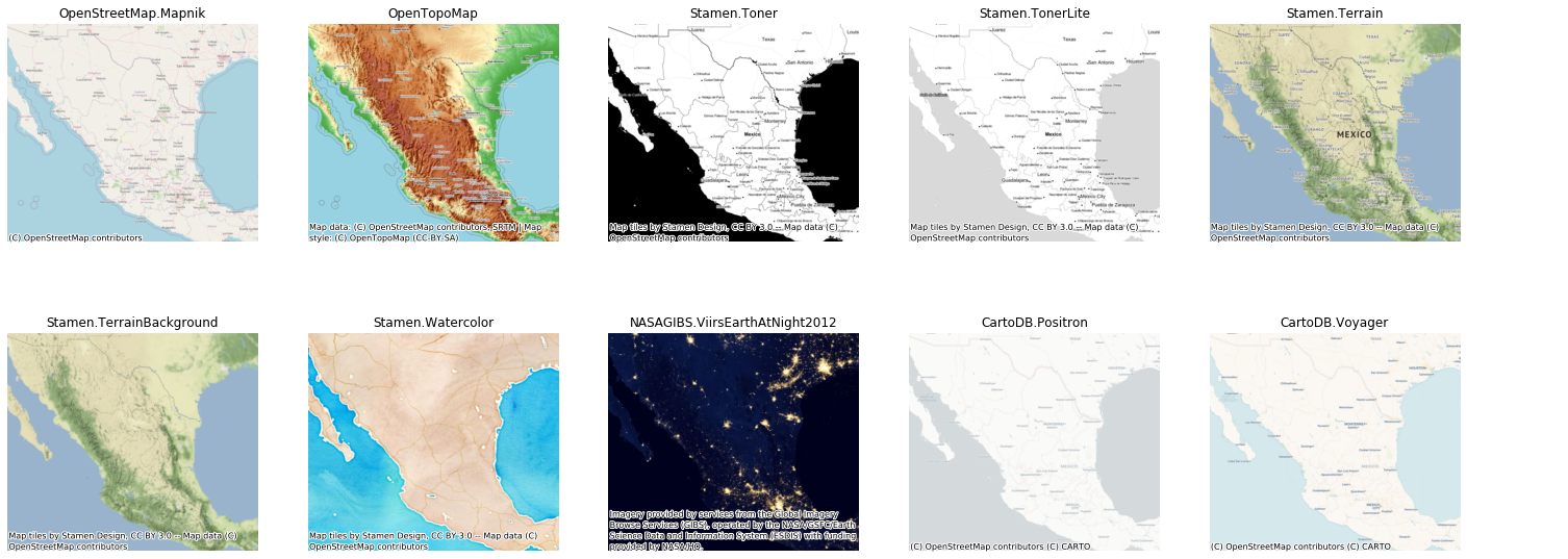 A comparison of different web map tile styles including OpenStreetMap, OpenTopoMap, Stamen Toner, Stamen Terrain, CartoDB Positron, and others, all showing the same geographic region with different visual designs.
