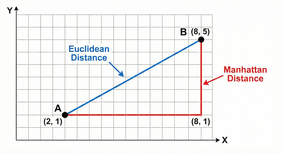 *Euclidean distance represents the shortest straight-line path between two points, while Manhattan distance calculates the distance strictly along a grid.*