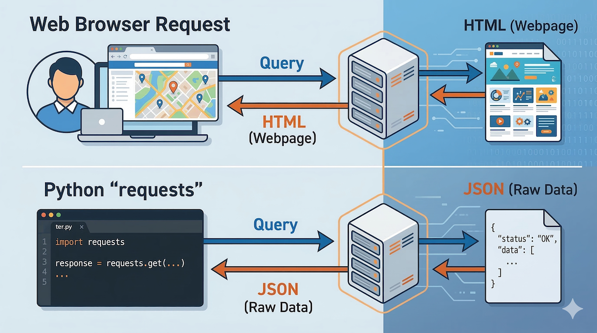 Analogy comparing how a browser gets HTML with how Python gets JSON.
