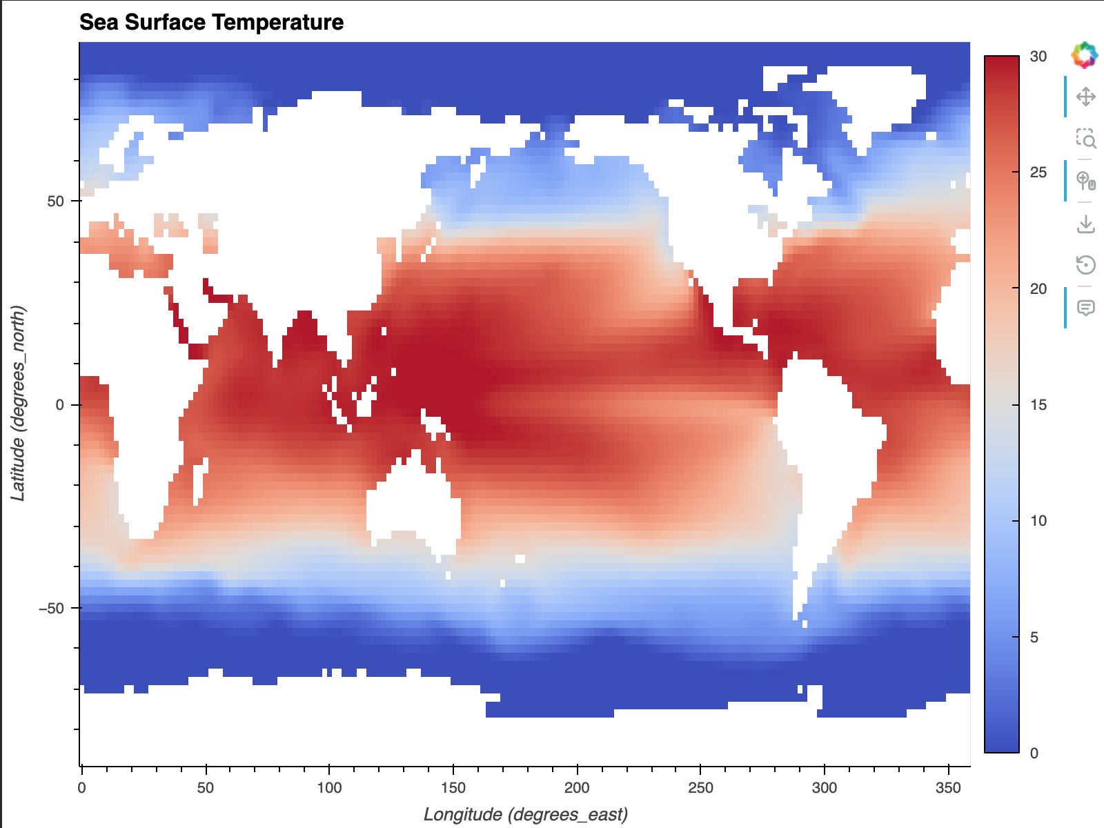 An interactive global map of sea surface temperature, displayed with a time scrubber and a coolwarm color scale.