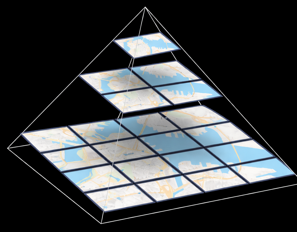 A 3D pyramid of web map tiles showing how one tile at zoom level 0 expands into multiple tiles at higher zoom levels, with the same geographic area becoming more detailed at each level.