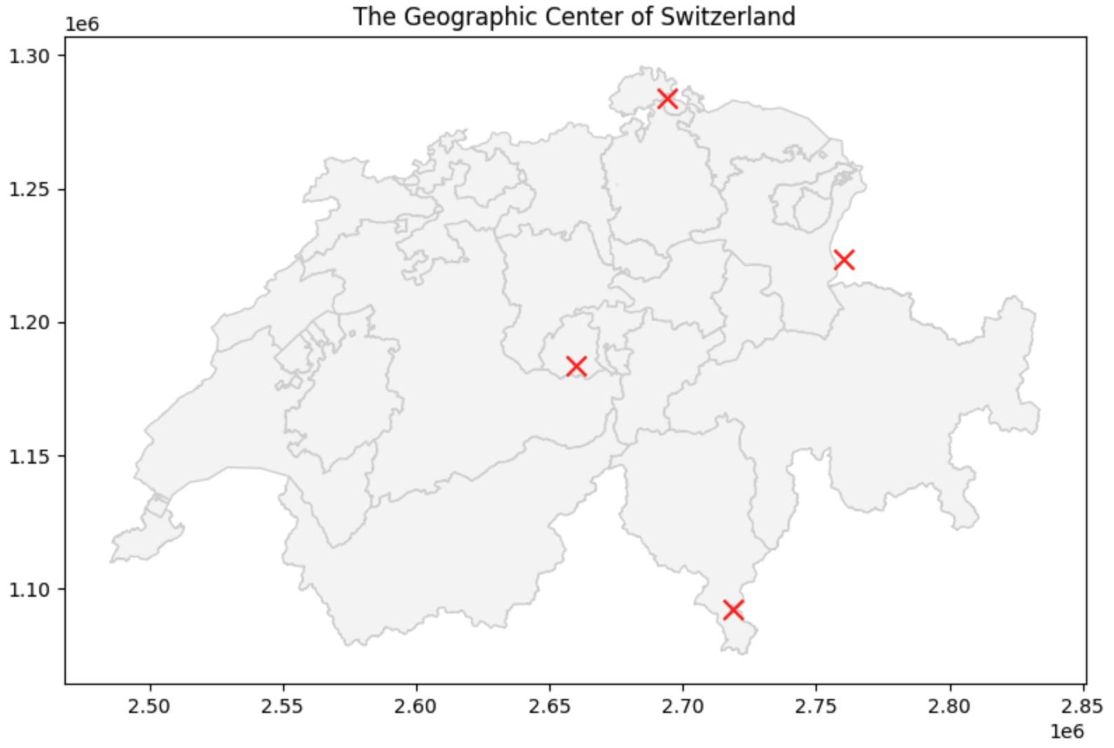 A map of Swiss cantons in light grey, with a prominent red X marking the geographic center of the main landmass inside the canton of Obwalden. There are also three other red X's visible: one in the east and two ones near the borders.