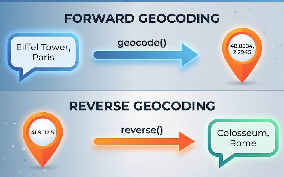 Conceptual diagram comparing Forward Geocoding (Text to Coordinates) and Reverse Geocoding (Coordinates to Text).