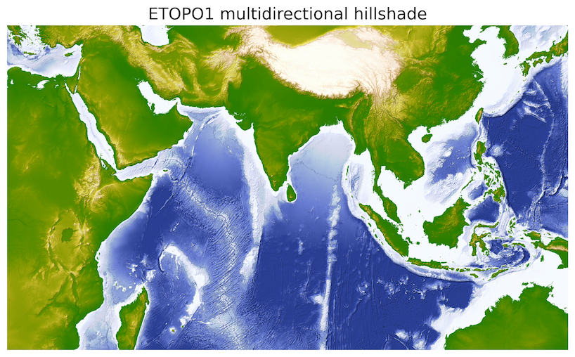 A global map of Earth's topography and bathymetry using the oleron colormap, where oceans transition from deep blue to light green, and landmasses transition from green to brown and white, all textured with crisp 3D hillshading.