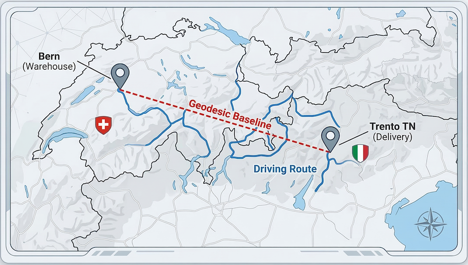 A map snippet showing Switzerland and Northern Italy. A dotted red line connects Bern and Trento directly. A solid blue line shows the winding road network path connecting the same cities through mountain passes.