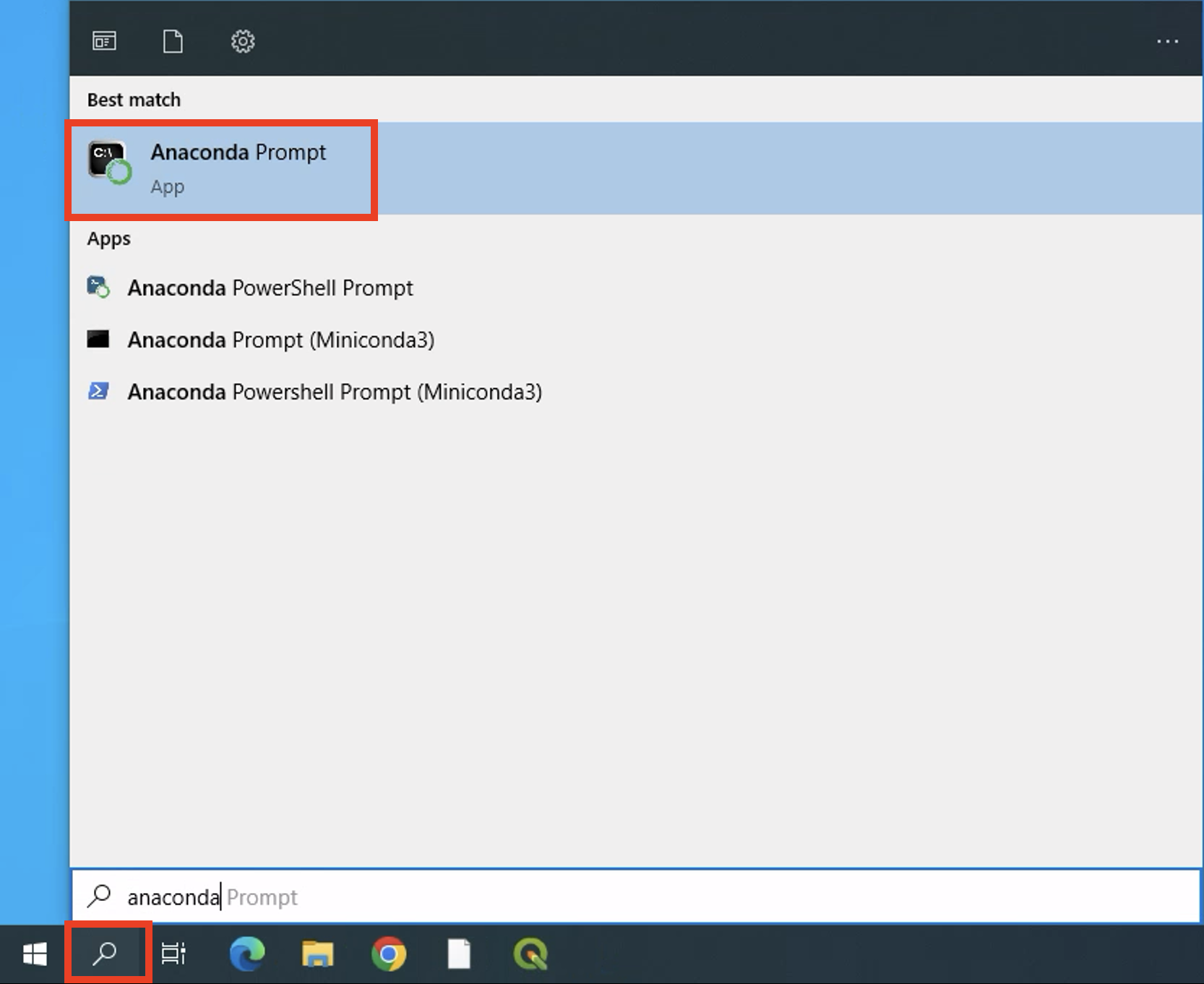 Opening the Anaconda Prompt application