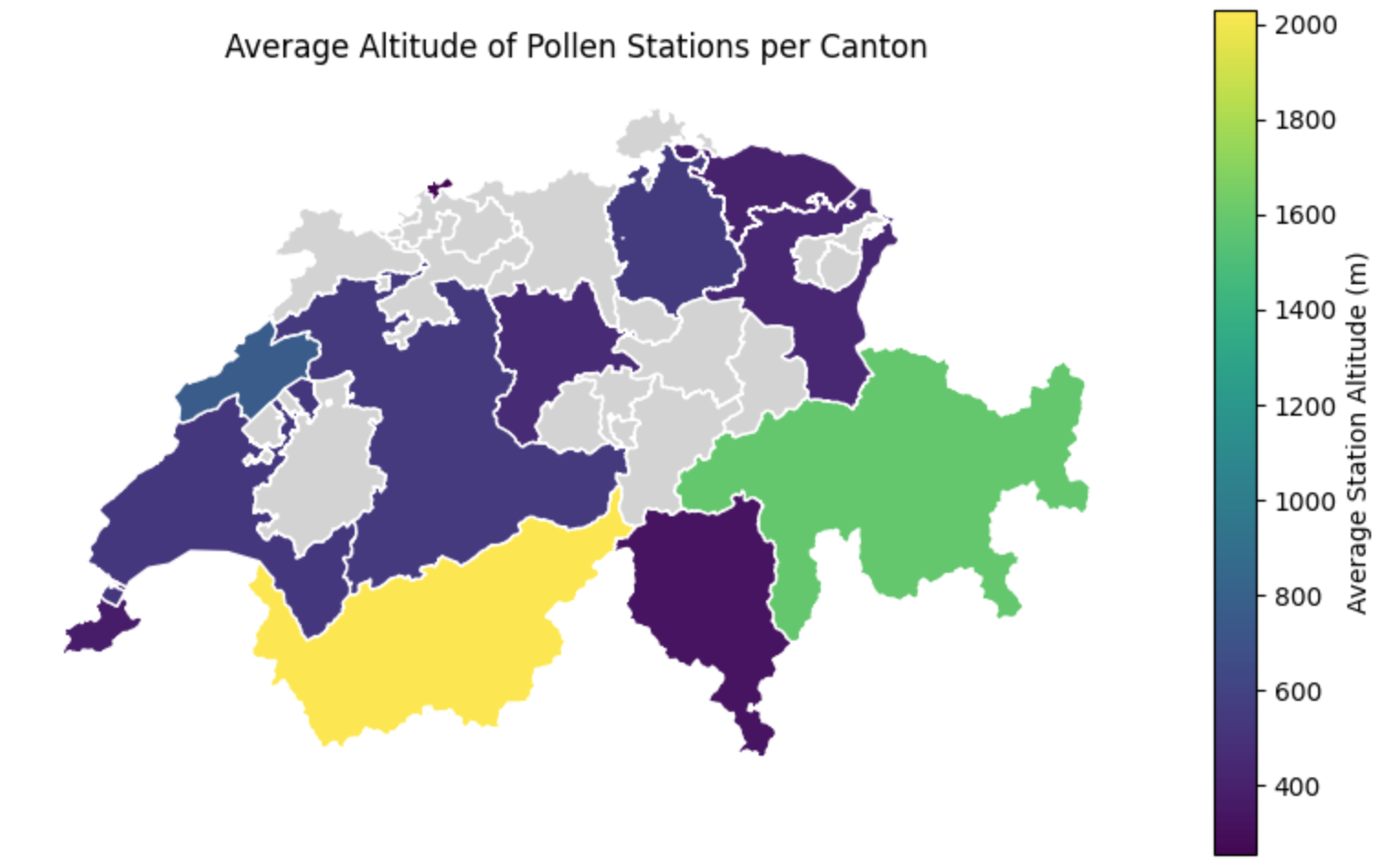 A choropleth map of Swiss cantons. Cantons with pollen stations are colored according to the viridis colormap (dark purple for lower altitudes to bright yellow for higher altitudes) based on the average altitude of the stations within them. Several cantons without any pollen stations are colored light grey.