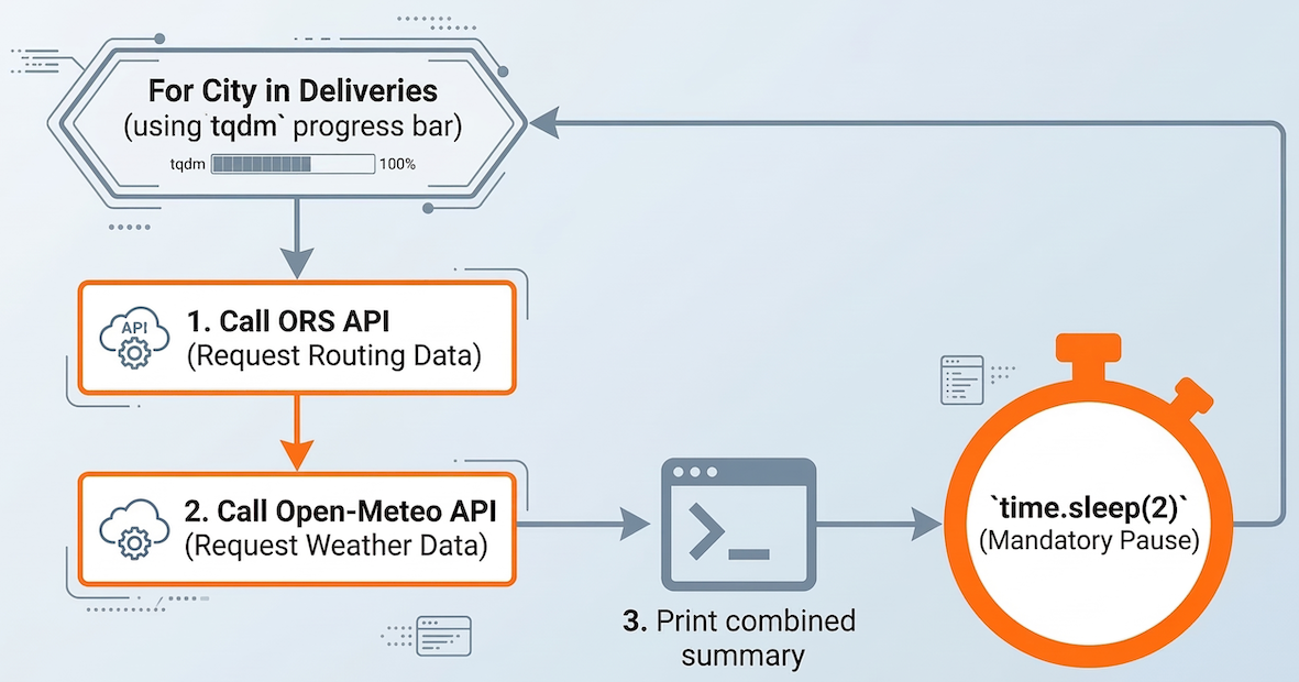 A technical flowchart showing a loop iterating through cities. Inside, a box makes an ORS API call, another makes an Open-Meteo call, followed by a 'time.sleep()' pause icon, before returning to the start of the loop.